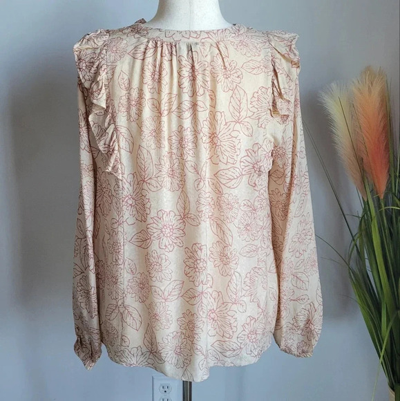 Anthropologie, New Current Air Cream Pink Floral Ruffle Blouse Top Size Large - Picture 8 of 15